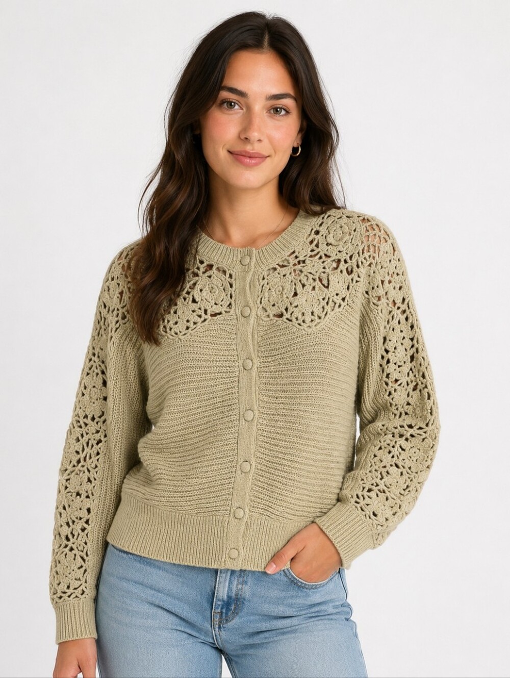 Zara Women’s Crochet Knit Cardigan Sweater Beige Floral Openwork Size M